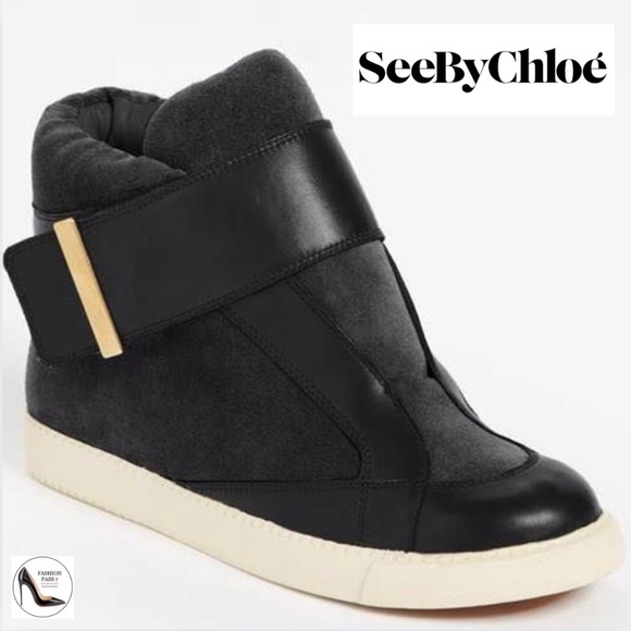 SEE BY CHLOE Shoes Sami Black Nappa Leather High Top Ankle Sneaker with Buckle - Picture 1 of 11